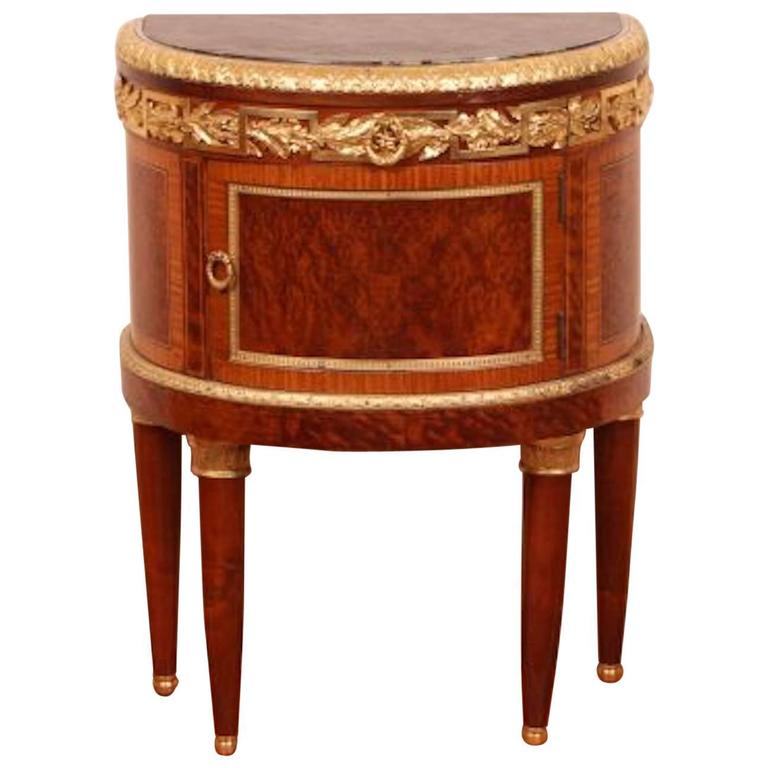 Louis XVI Style Table One Door DemiLune Commode in Walnut Veneer and