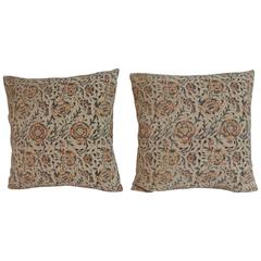  Pair of Isfahan Kalam Hand-Blocked Floral Decorative Pillows