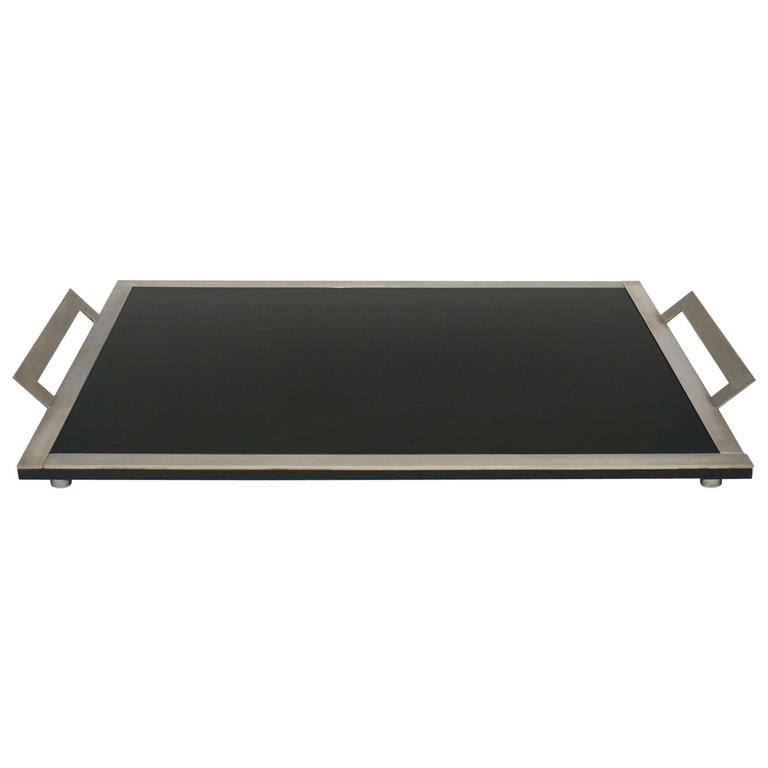 French Art Deco Silver Metal Tray with Black Glass Bottom For Sale