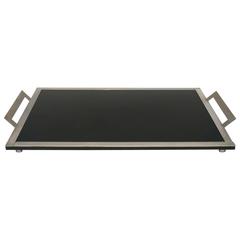 French Art Deco Silver Metal Tray with Black Glass Bottom