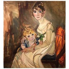 Retro Large Signed Modern Painting of Baroque Woman and Child