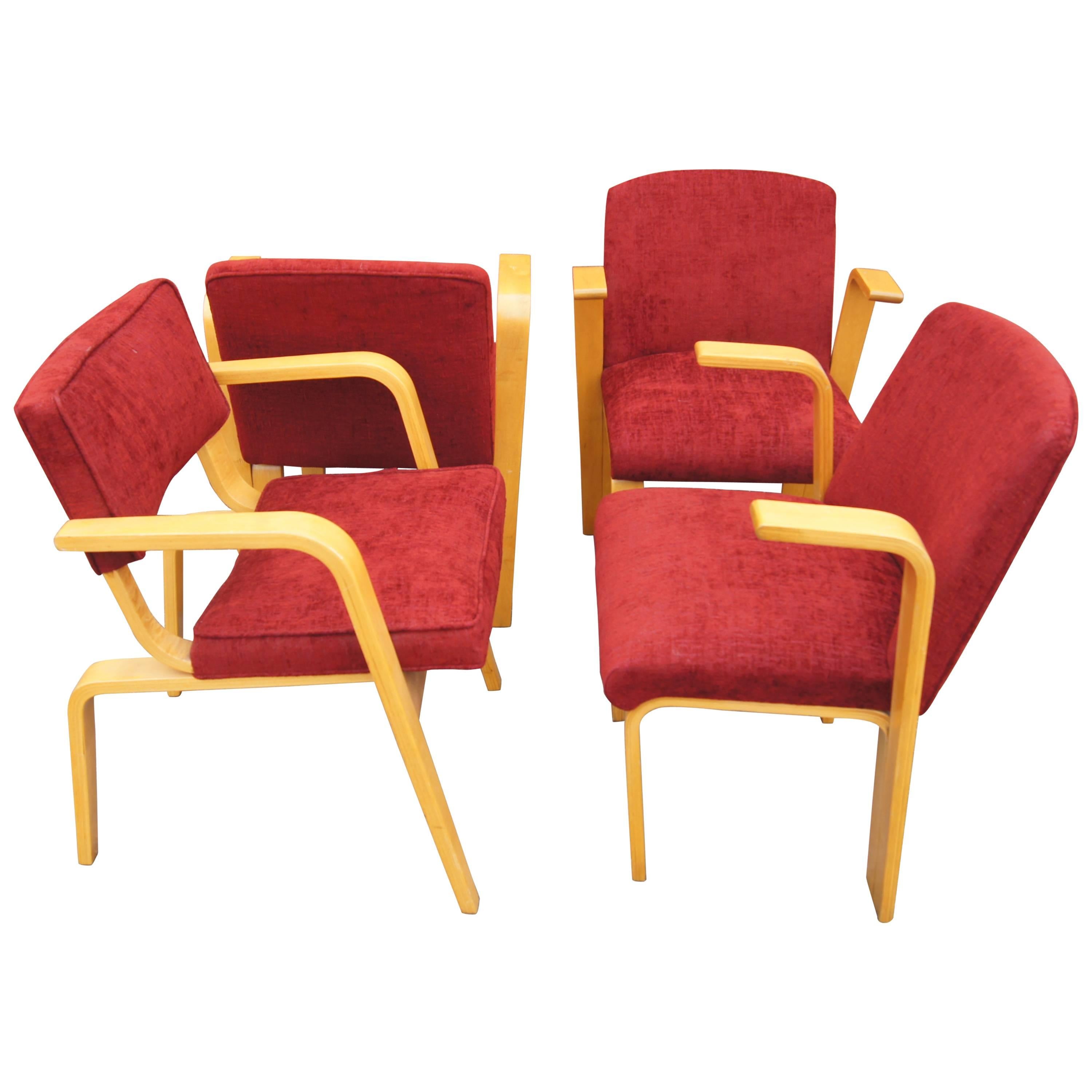 Set of Four Mid-Century Upholstered Bentwood Armchairs by Thonet For Sale