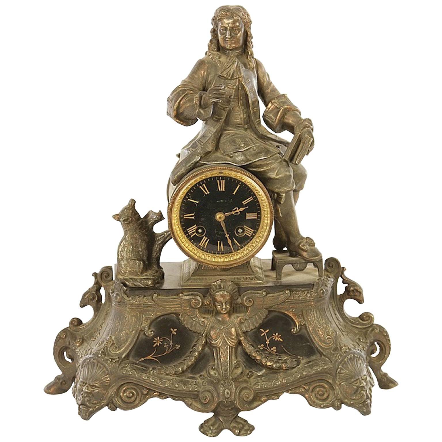Late 19th Century French Mantle Clock with Seated Man Signed Paris