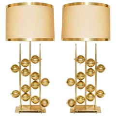 Italian Contemporary Fine Design Pair of Organic Gold Brass Lamps with Spheres