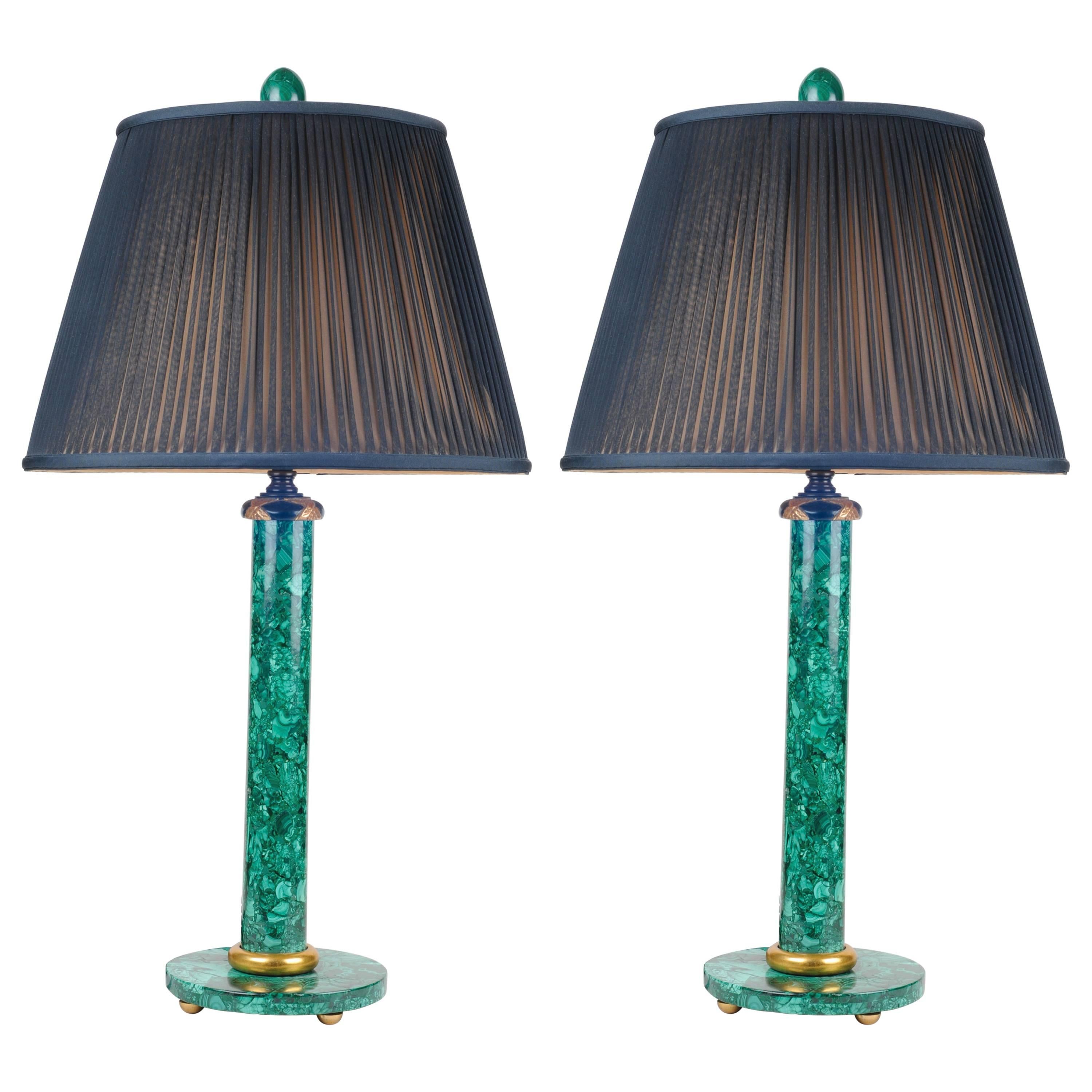 Pair of Mid-Century Table Lamps with Malachite Veneer "Stone" For Sale