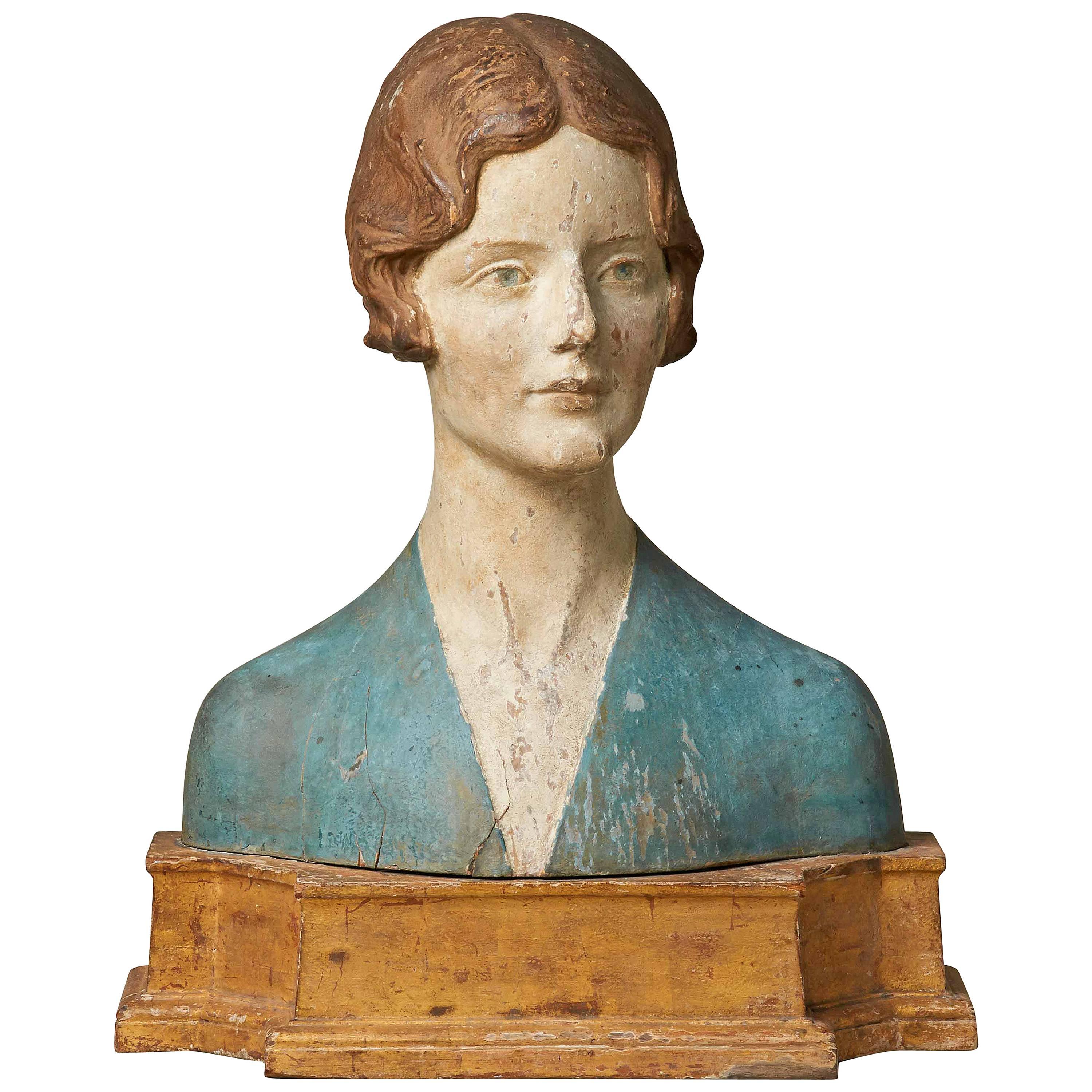 Carved and Polychrome Painted Portrait Bust of a Lady For Sale