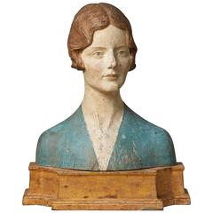 Antique Carved and Polychrome Painted Portrait Bust of a Lady