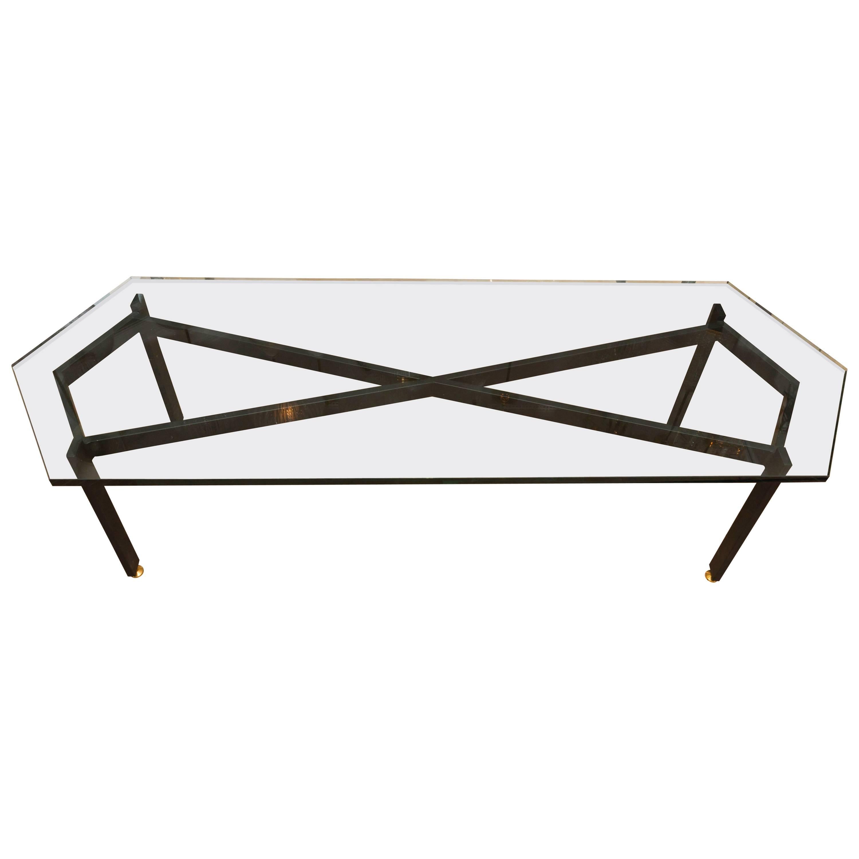 Iron "Infinity" Base Coffee Table with Brass Detail and Pointed Glass Top For Sale