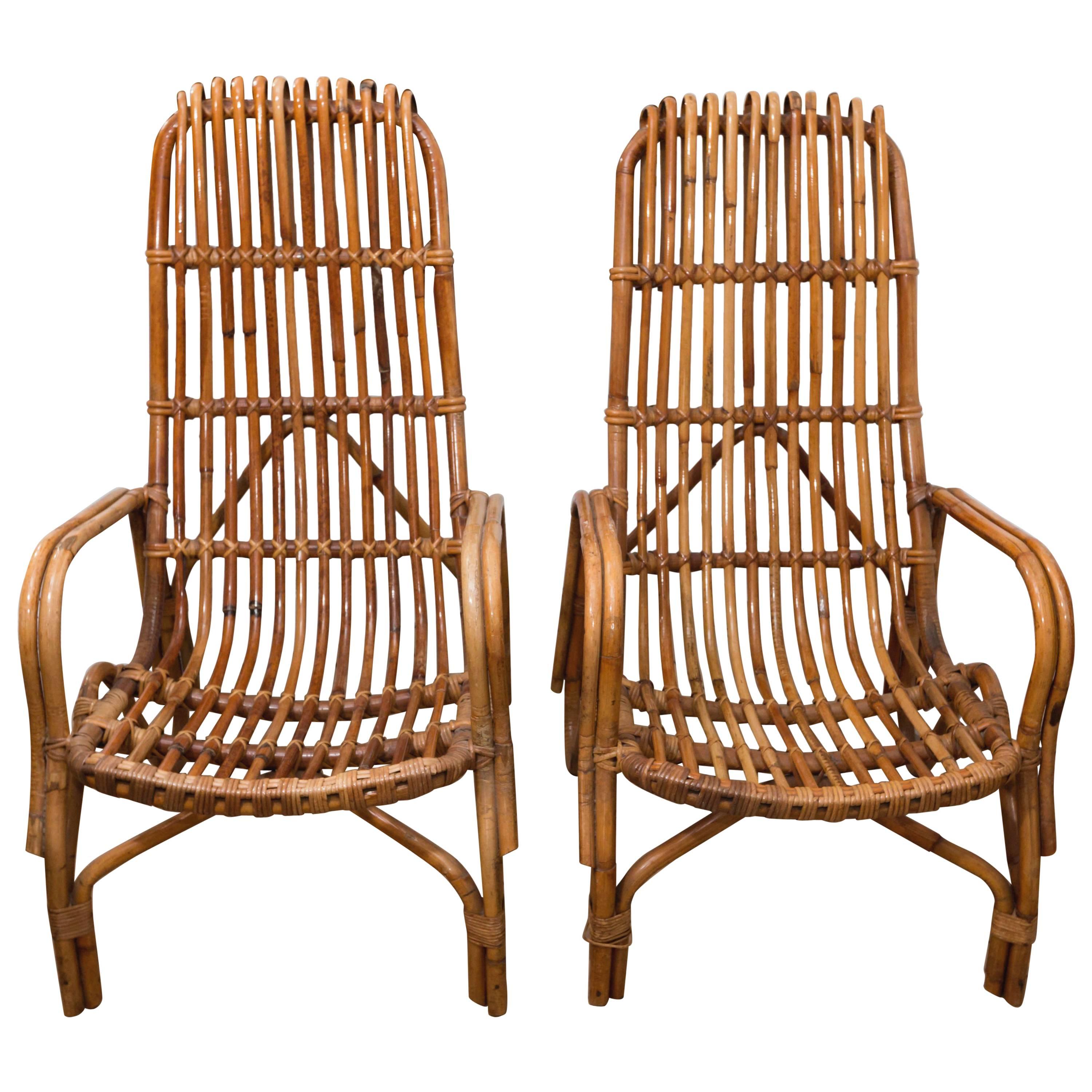 Pair of Tall Back Rattan Armchairs For Sale
