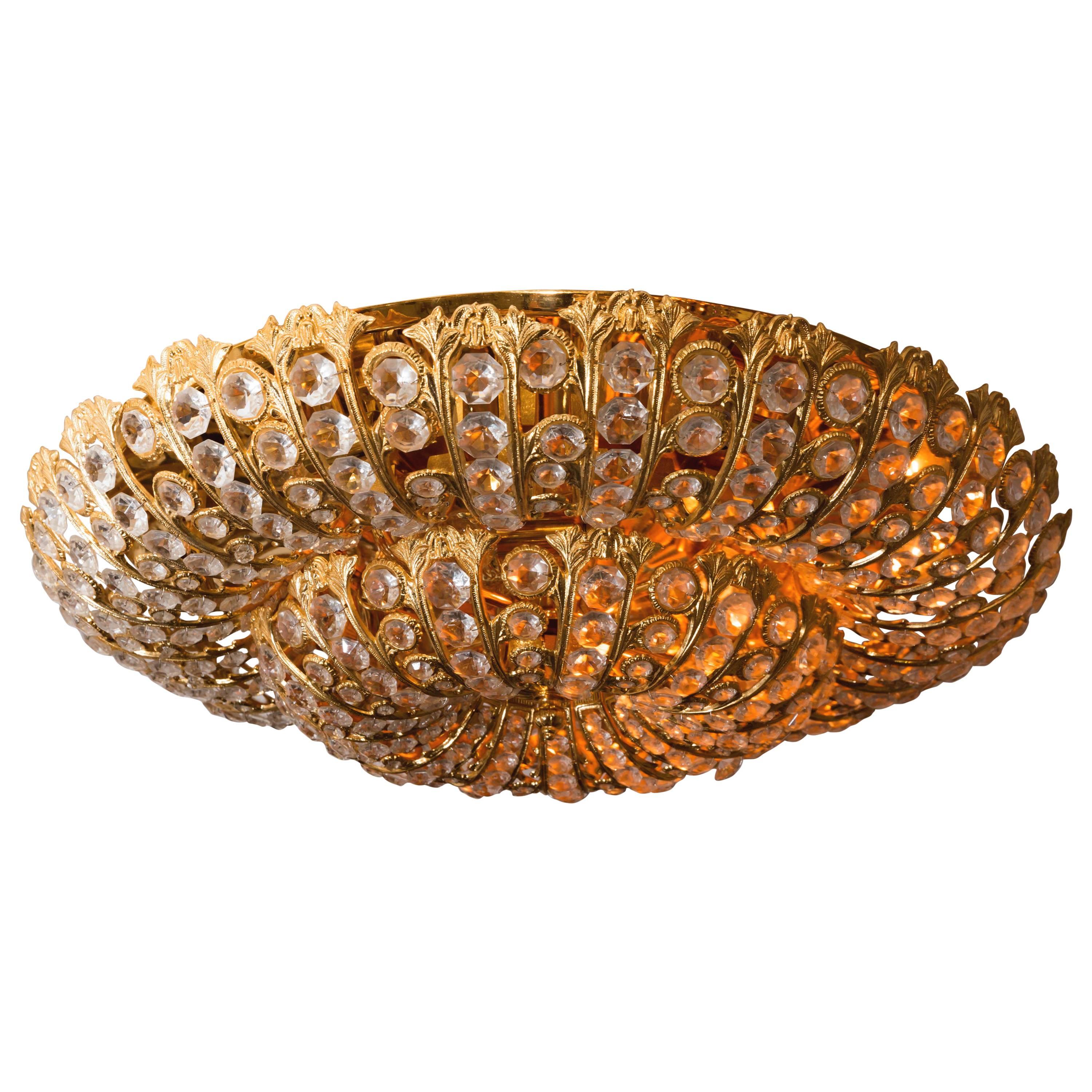 Dome Form Gilt Metal Flush Mount Fixture with Inset Crystal Elements