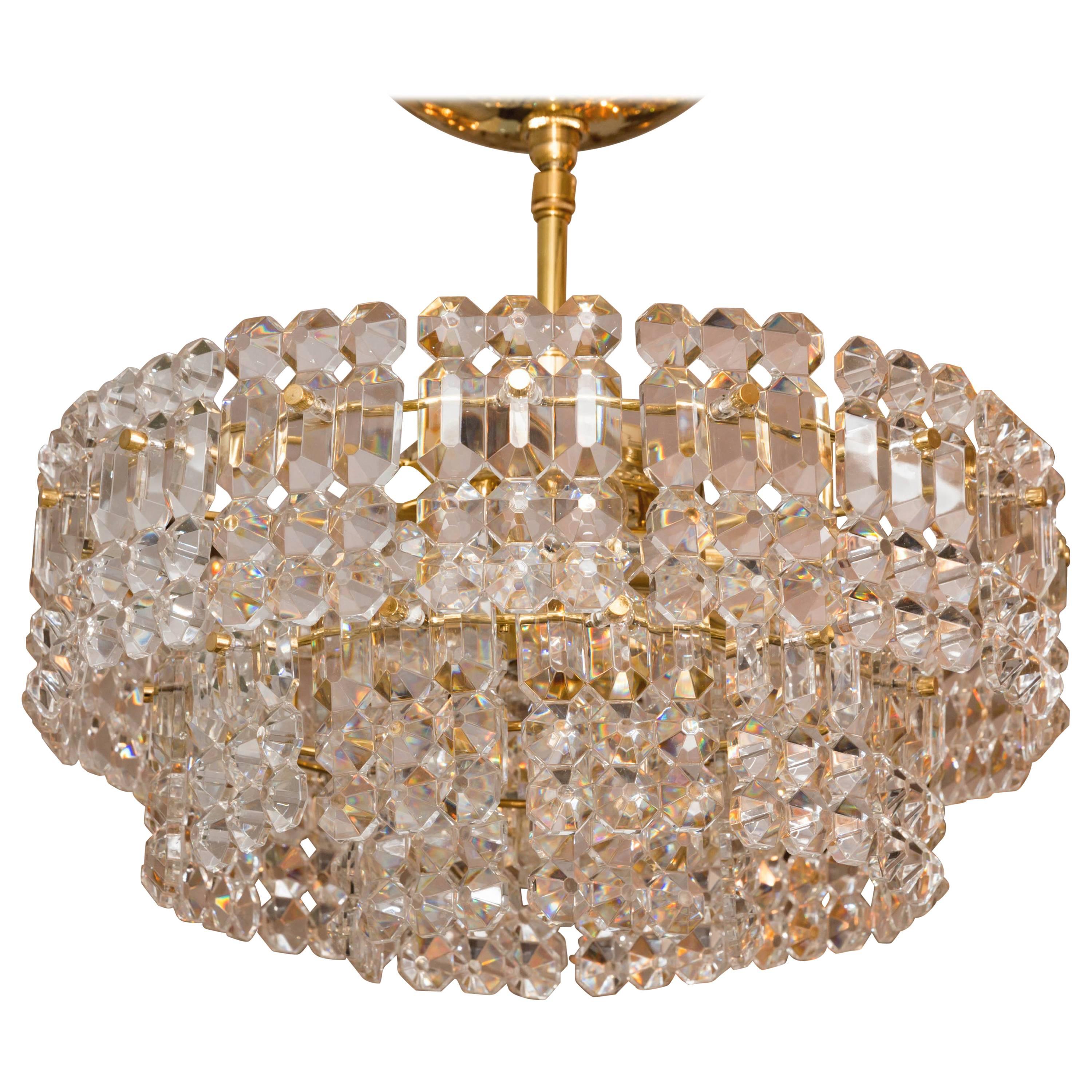 Two-Tiered Ceiling Fixture Composed of Faceted Glass Panels with Brass Detail For Sale