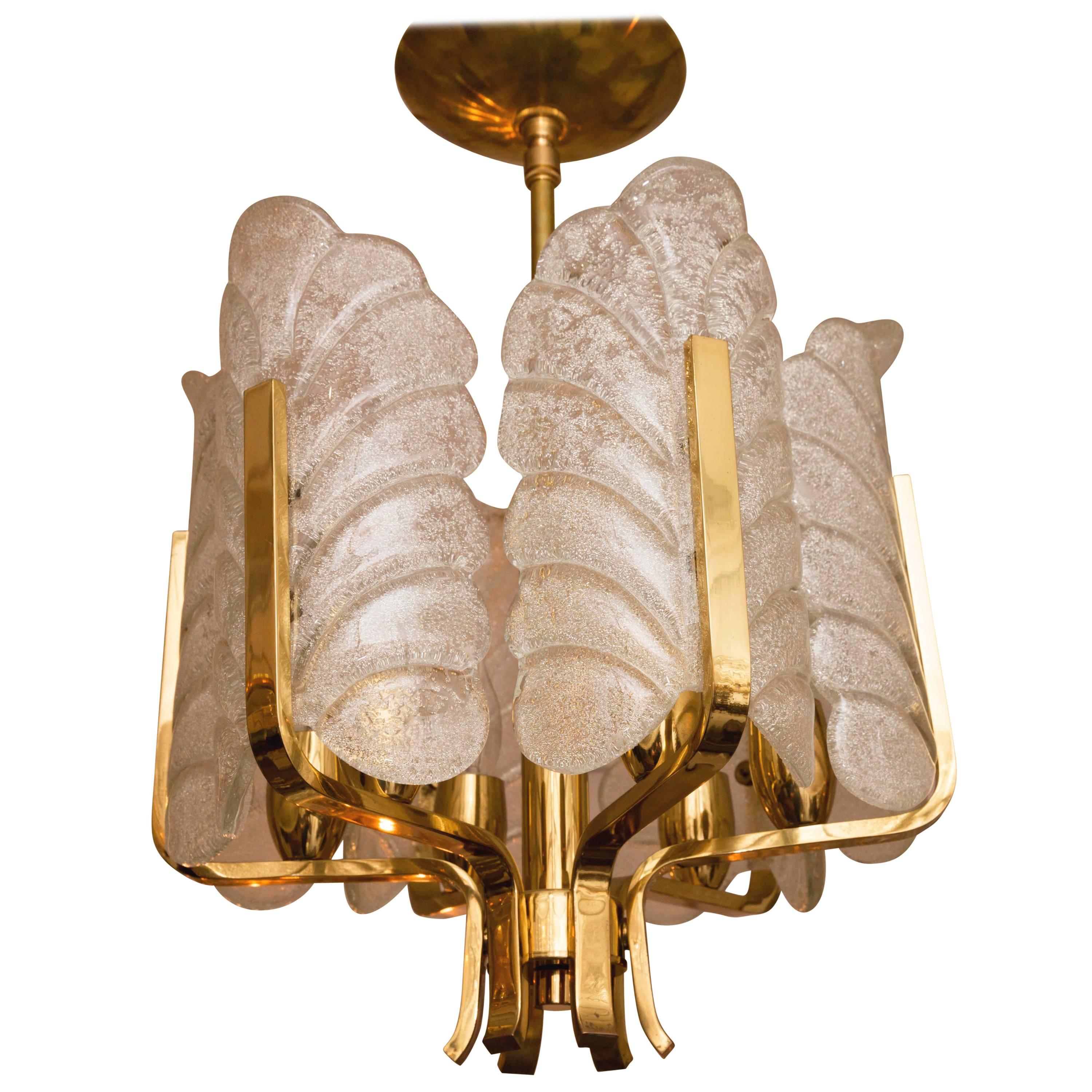 Brass Six-Arm Chandelier with Frosted Acanthus Shades by Karl Fagerlund