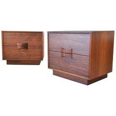 Pair of Walnut Bowtie Front Side Tables or Nightstands by Brown Saltman