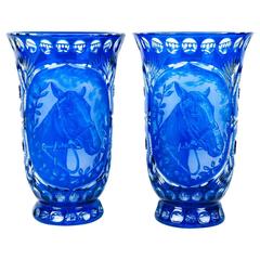 Vintage Pair of Cobalt Cut Crystal Decorative Vases or Pieces