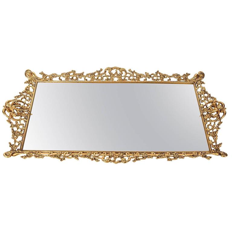Vintage Gilded Brass Vanity Mirrored Tray at 1stDibs