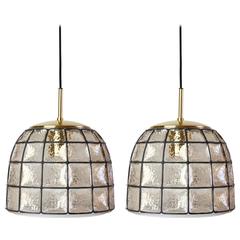 One of Two 1960s Black Iron and Glass Honeycomb Bell Pendant Lights by Limburg One of Two 1960s Black Iron and Glass Honeycomb Bell Pendant Lights by Limburg