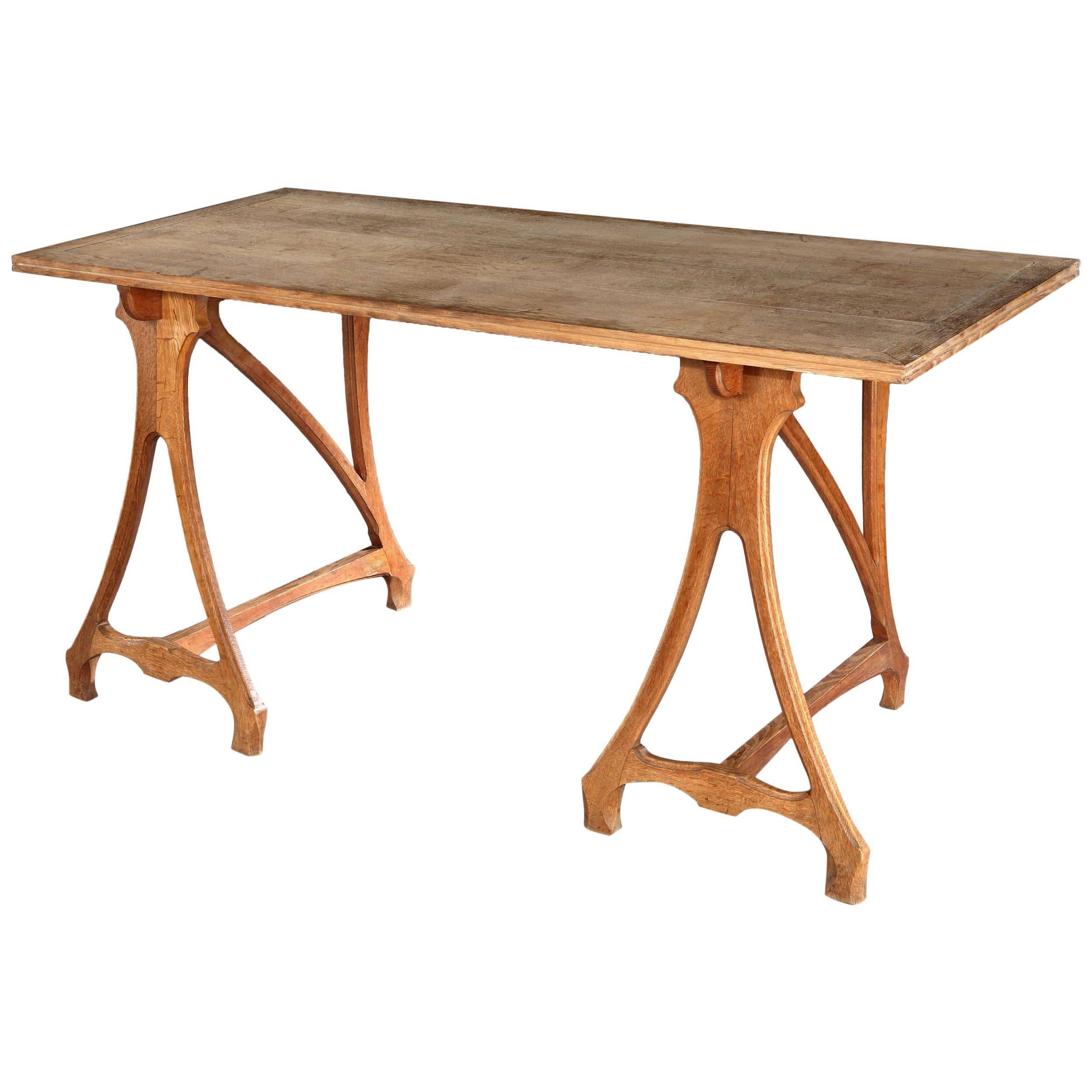 Unusual Solid Oak Trestle Table For Sale