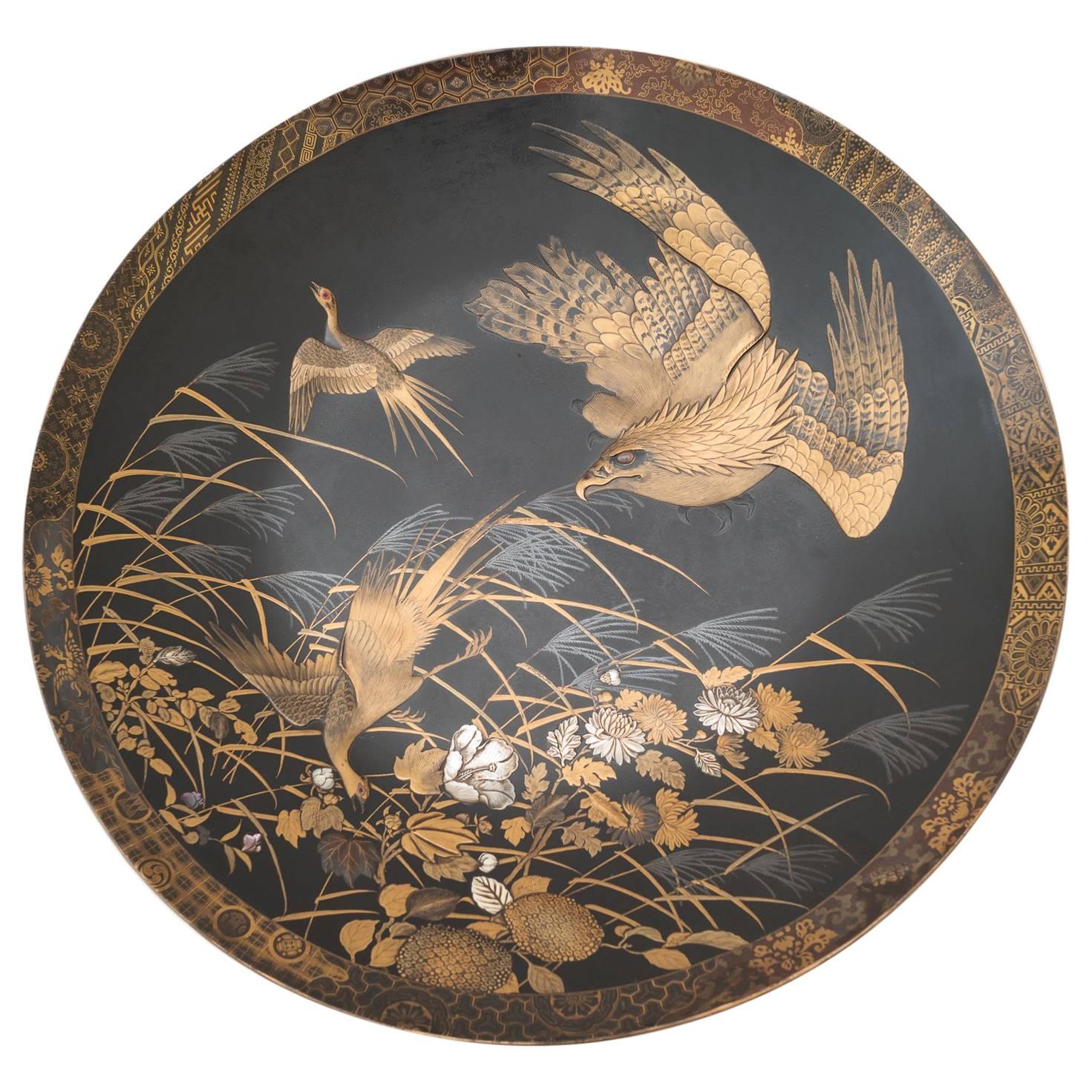 Japanese Gold Lacquer Wall Plate Onlaid Ivory Mother-of-Pearl For Sale
