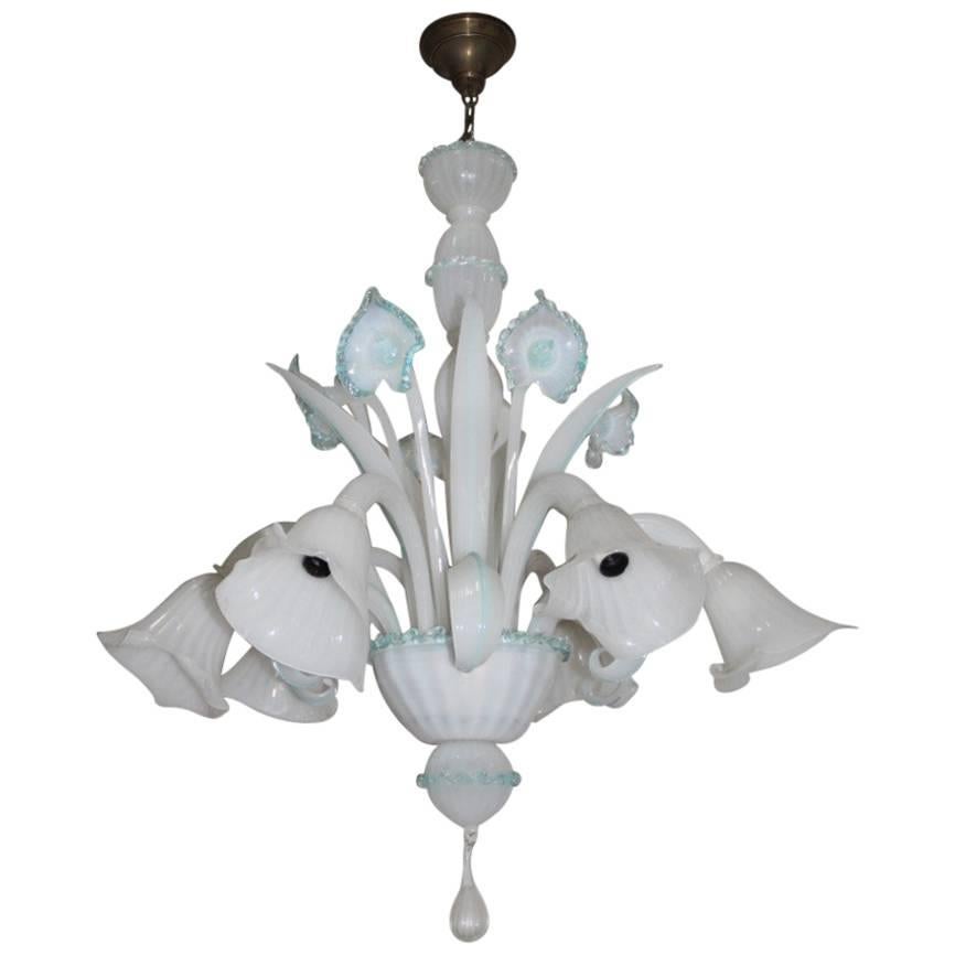 Chandelier Murano Glass, Iridescent White with Decorations in Blue