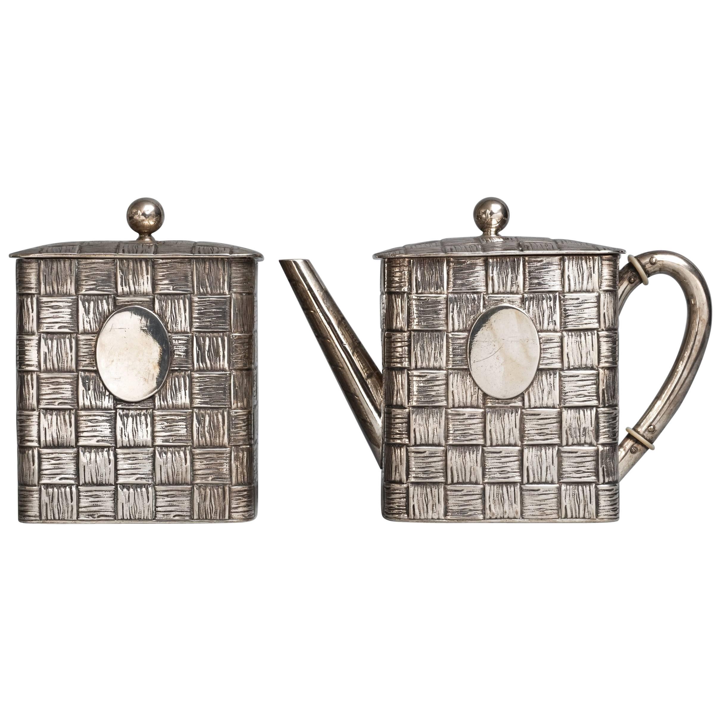 Early 20th Century Posen Silver Basket Weave Teapot and Tea Caddy