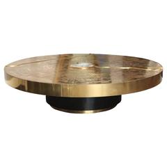 Signed LRart, Belgium Etched Brass Cocktail Table with Agate