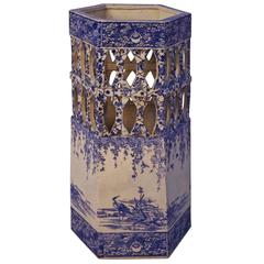 Antique Hexagonal Blue and White Chinese Porcelain Umbrella Stand, circa 1880