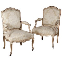 Pair of 19th Century Large Antique Italian Hand-Carved Giltwood Rococo Armchairs