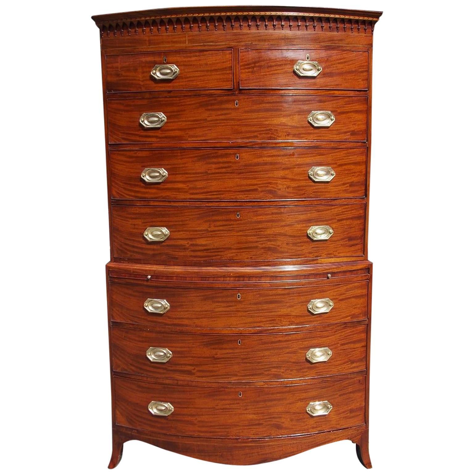 English Mahogany Inlaid Bow Front Chest on Chest with Brushing Slide, Circa 1780