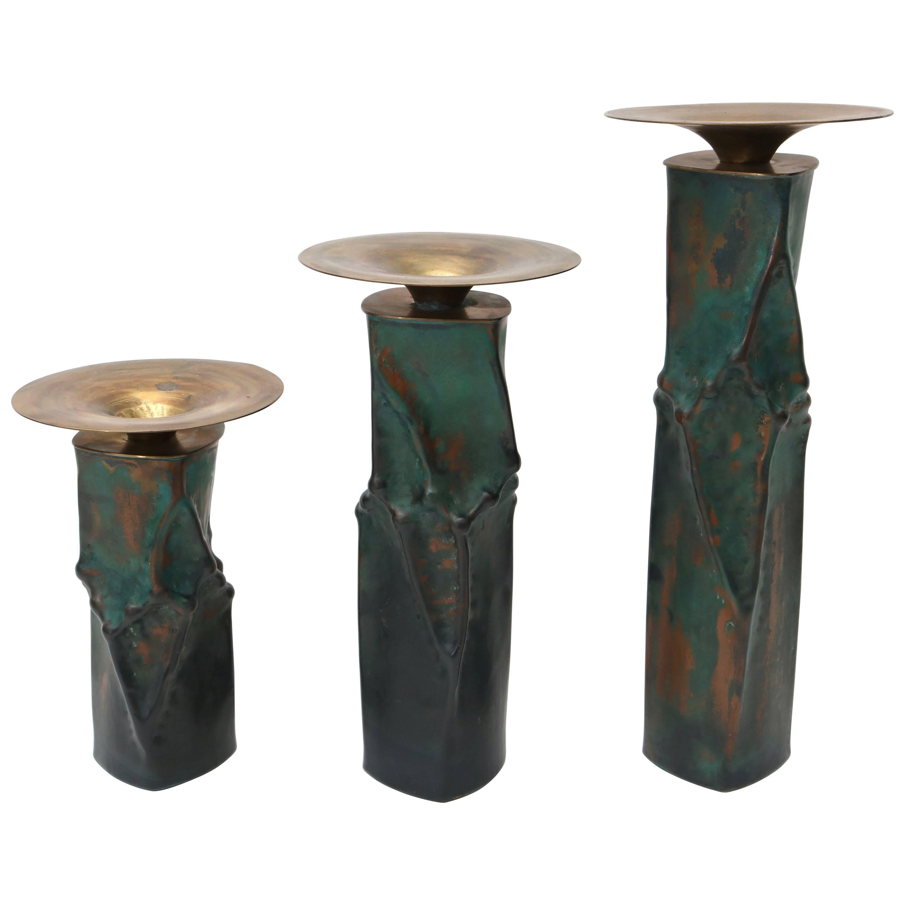 Set of Three Brutalist Candleholders in Oxodized Copper and Brass
