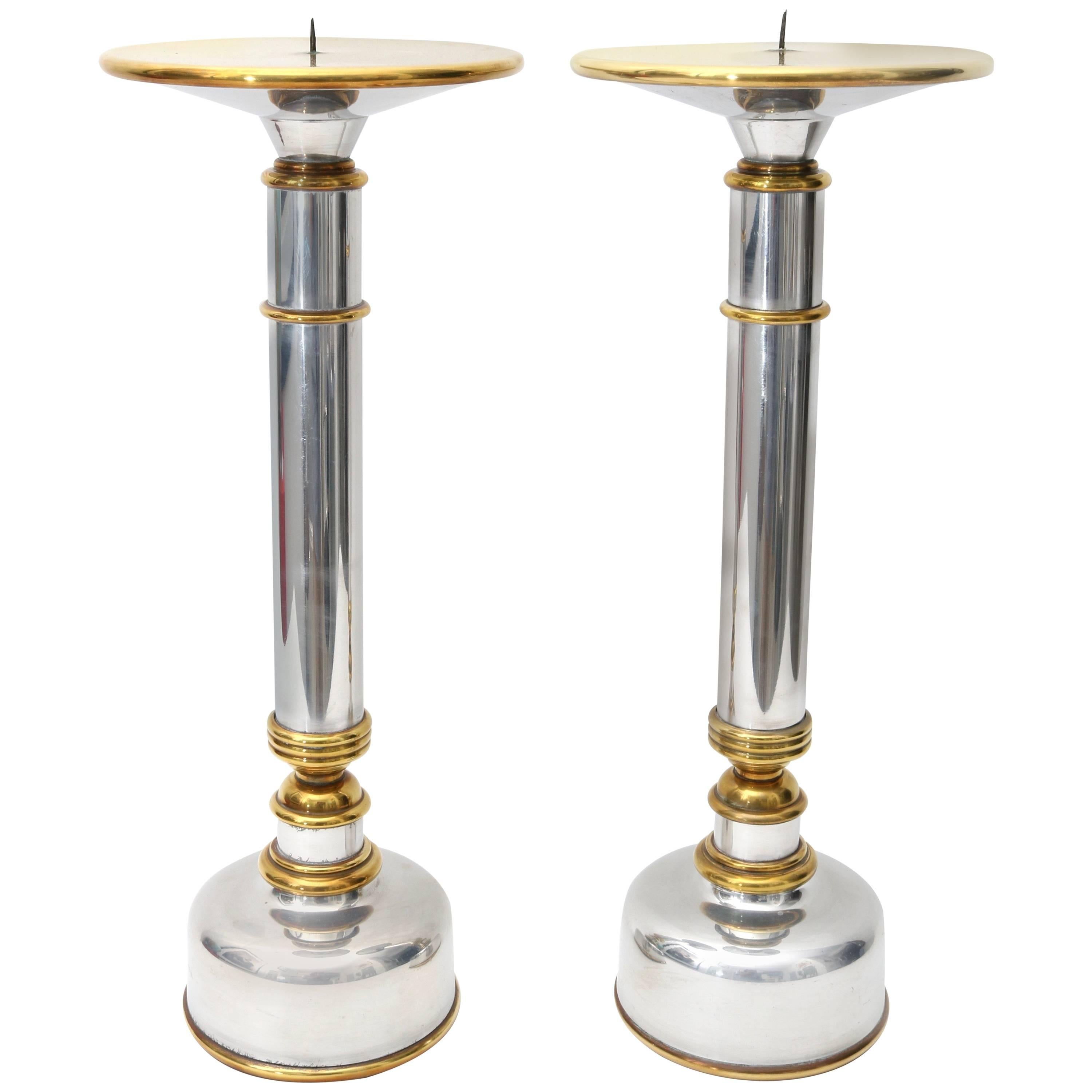Pair of Polished Aluminium and Brass Candlesticks