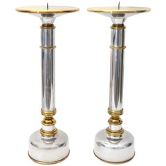 Pair of Polished Aluminium and Brass Candlesticks