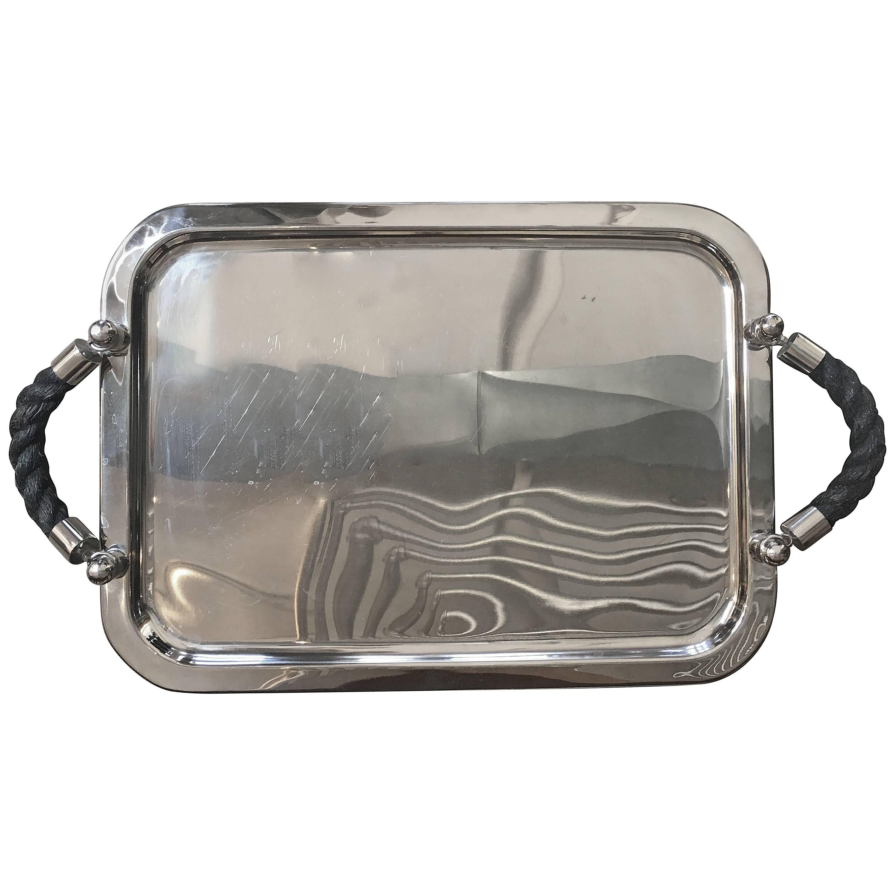 Malibu Tray in Black, Stainless Steel with Black Rope Handles For Sale