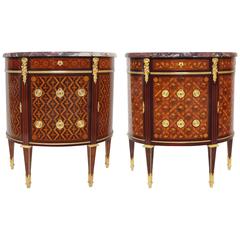 False Pair of Half-Moon Little Marquetry Commodes Stamped Paul Sormani