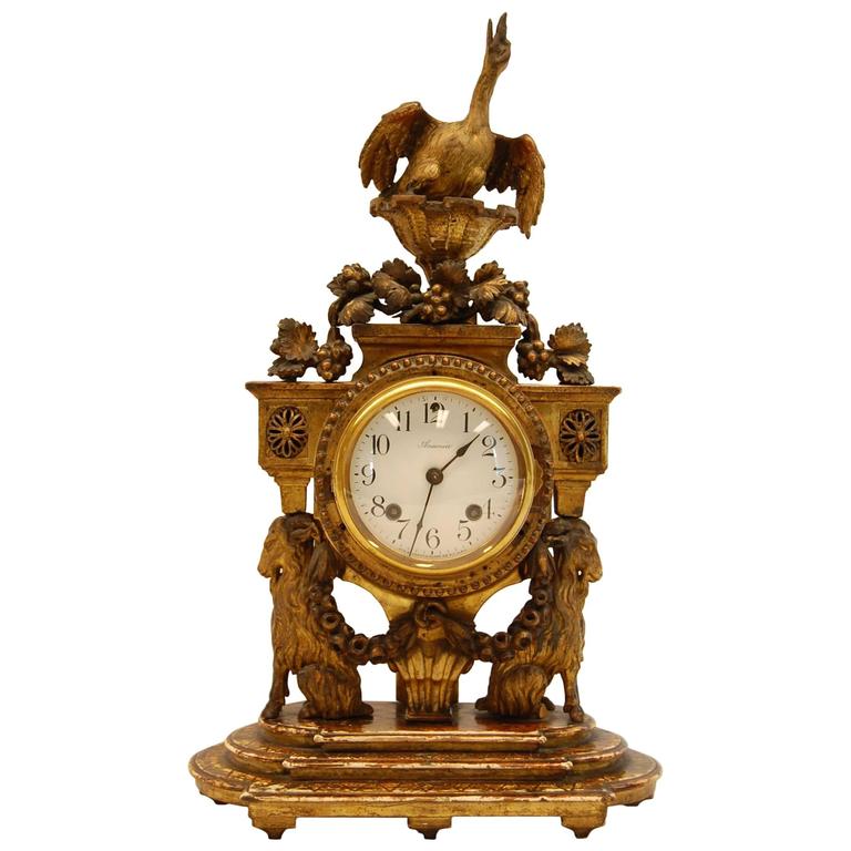 19th Century Carved Wood and Gilded Shelf Clock with Carved Bird Finial