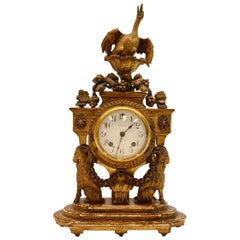 Antique 19th Century Carved Wood and Gilded Shelf Clock with Carved Bird Finial