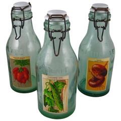 Antique 1900s French Green L'Ideale Canning Preserve Jars with Lithograph Labels, S/3