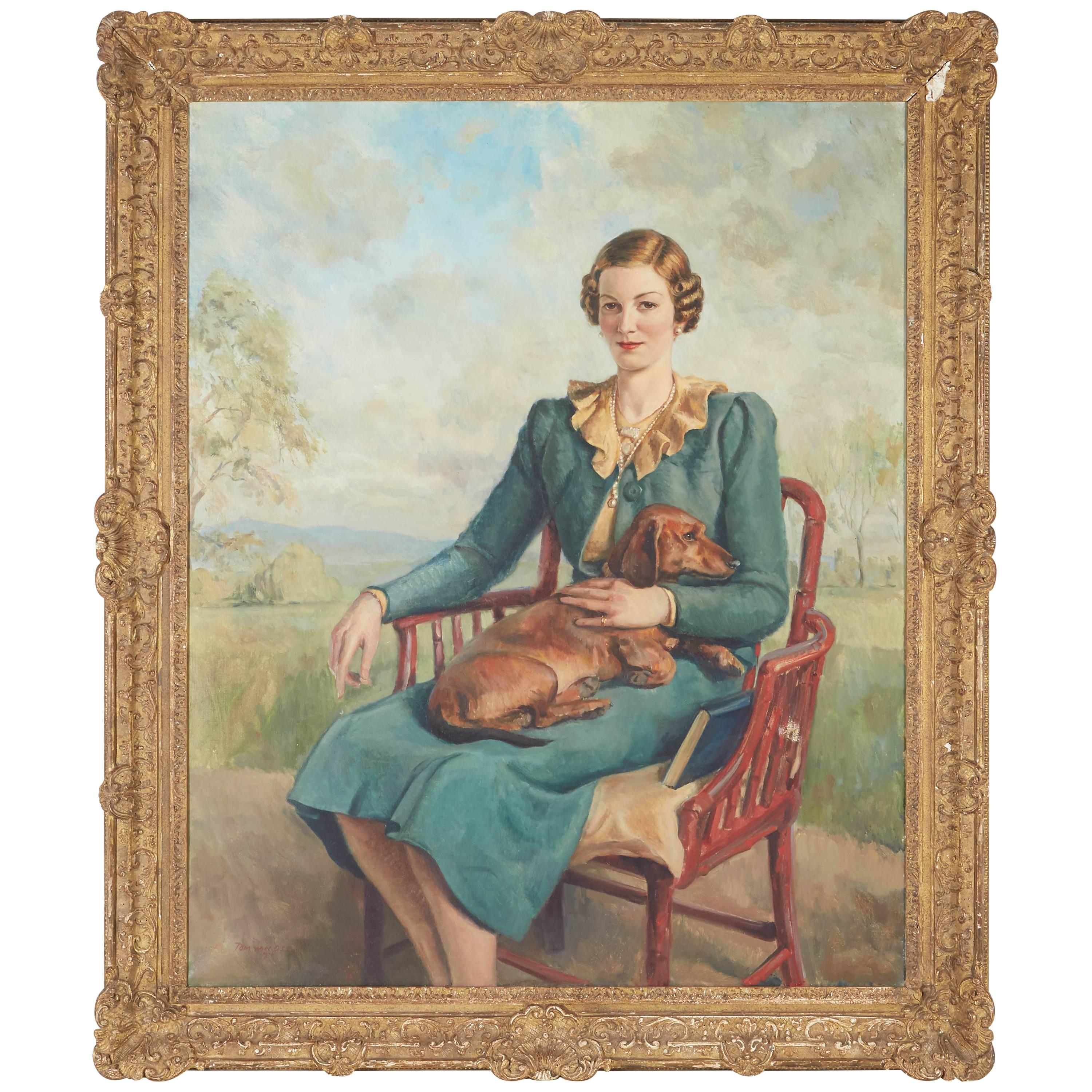 Society Portrait of Seated Woman and Dog For Sale