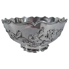 Chinese Export Silver Bowl with Blossoming Branch and Birds by Sing Fat 1