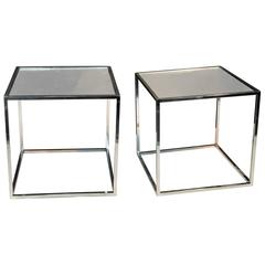 Great Pair of Milo Baughman Modernist Chrome and Mirror Cube Tables