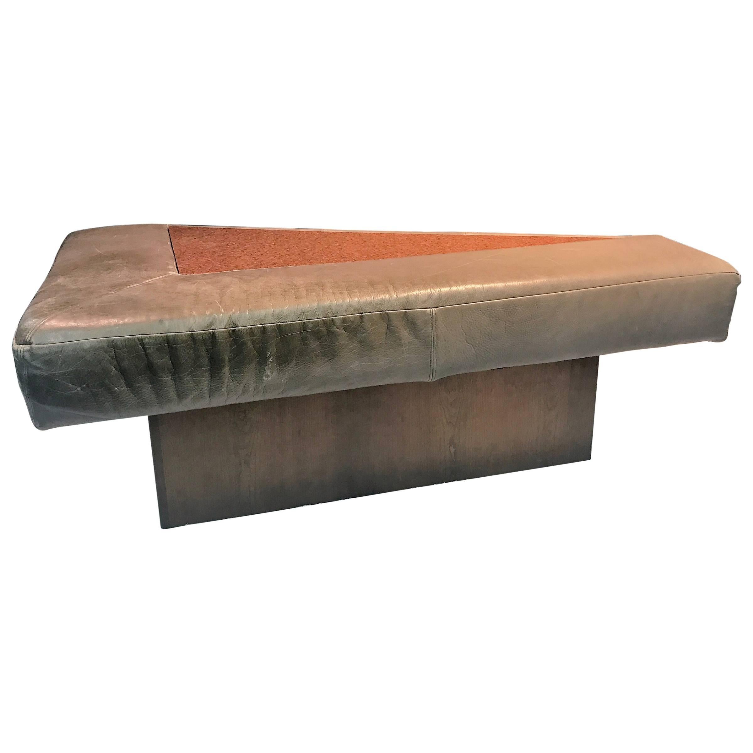 Great Modern Sculptural Triangular Leather, Granite and Walnut Bench For Sale