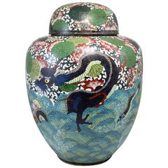 Large 19th Century Chinese Cloisonné Covered Jar or Urn with Sea Serpent