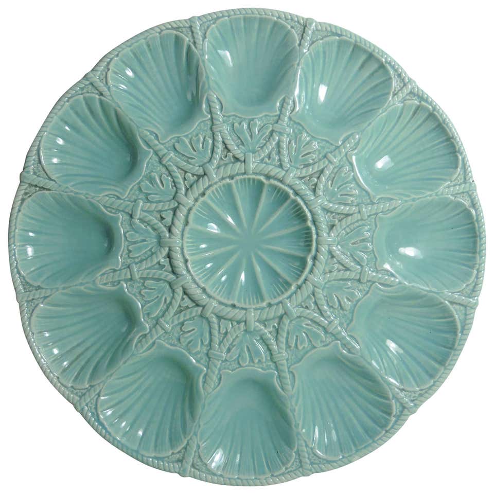 19th Majolica Turquoise Shells Oyster Platter at 1stDibs