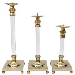 Set of Three Polished Brass and Lucite Candlesticks 8