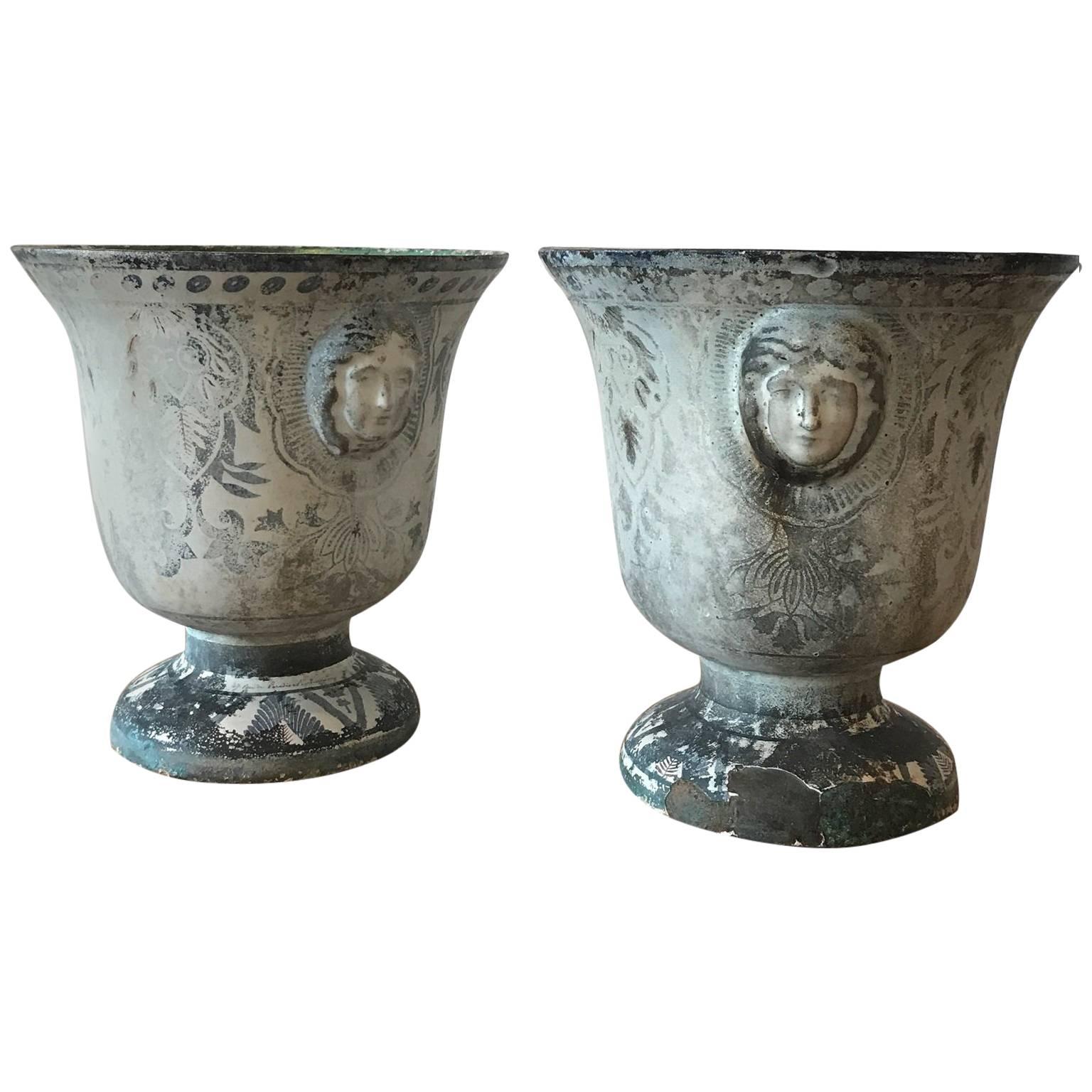 19th Century Enameled Cast Iron Rouen Urns For Sale