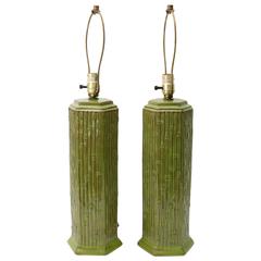 Pair of Mid-Century Green Glazed Ceramic Bamboo Motif Table Lamps