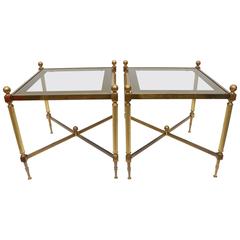 Pair of Maison Jansen Style Square Form Side Tables in Brass and Glass