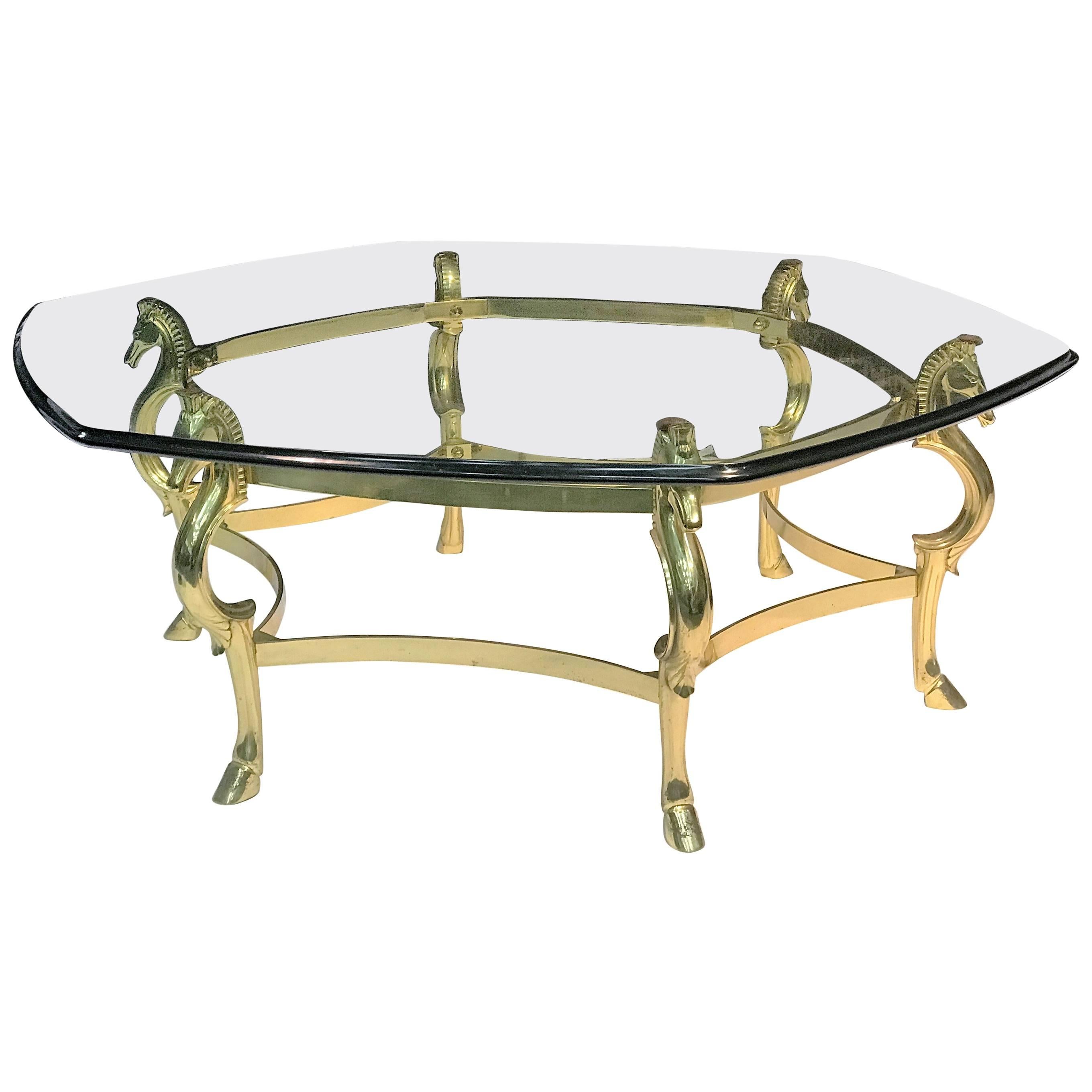 Gorgeous Italian Polished Brass Seahorse and Hooves Coffee Table For Sale