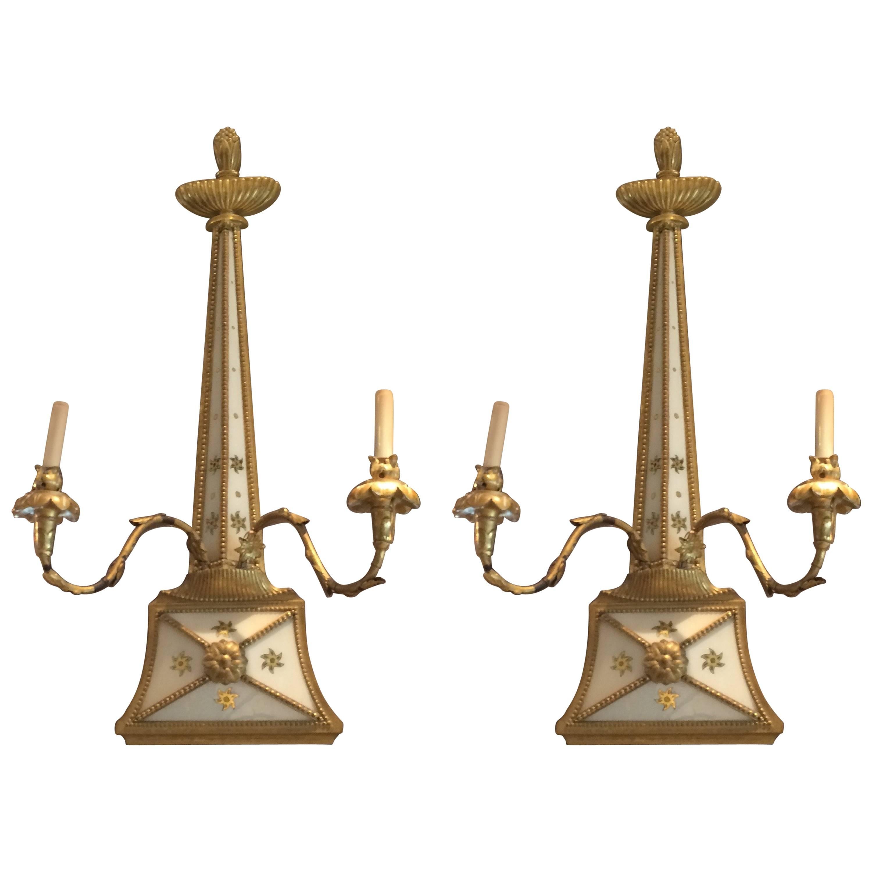 Beautiful Pair of Giltwood and Handpainted French Sconces