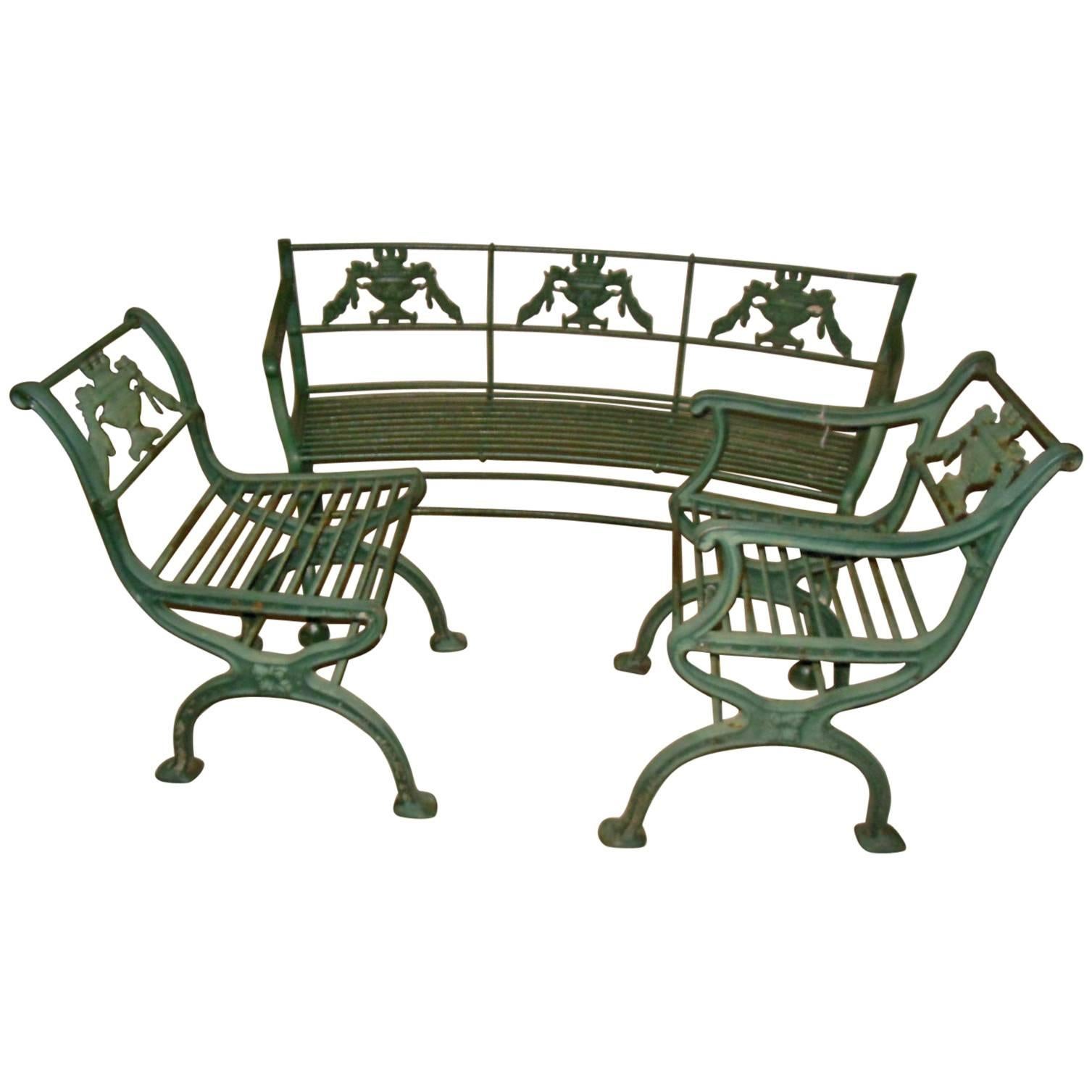 Cast Iron Regency Bench and Pair of Chairs For Sale at 1stDibs