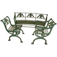 Antique Cast Iron Regency Bench and Pair of Chairs